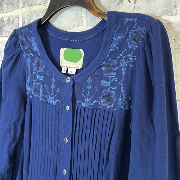 Anthropologie Sz 4 Dubois Embroidered Blue Tunic Dress Button Down Boho Cottage - Picture 6 of 10